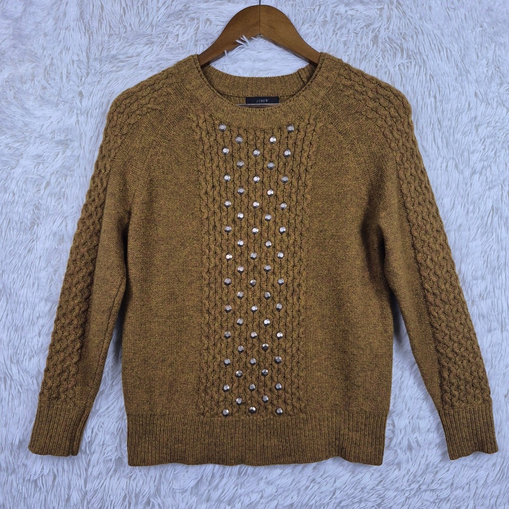 J.Crew Womens XS 100% Wool Embellished Honeycomb Cable Knit Sweater Tobacco